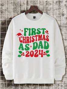 SHEIN 1 件男士时尚休闲圣诞口号印花圆领运动衫，秋冬款 - 白色 - 查看 3