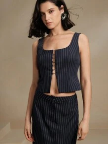 Anewsta 2pcs Set Of 2024 Spring Summer New Style Spaghetti Strap Cardigan, Stripe Pattern Vest And Skirt