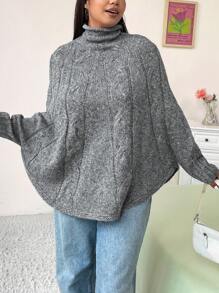 Flirla Plus Size Fashionable Loose Batwing Sleeve Cable Knit High Neck Sweater Knit Pullover Fall Winter - Grey - View 1