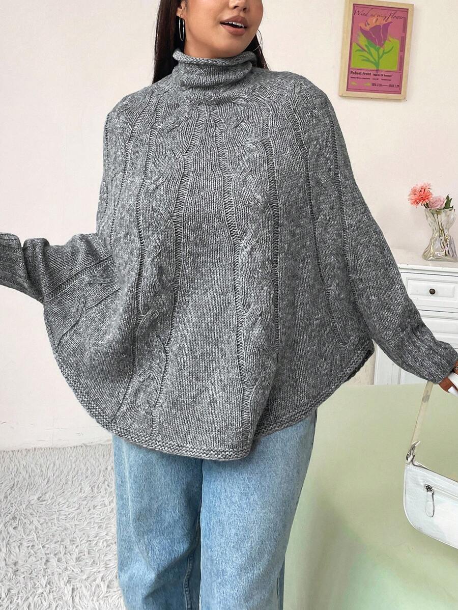 Flirla Plus Size Fashionable Loose Batwing Sleeve Cable Knit High Neck Sweater Knit Pullover Fall Winter - Grey - View 1