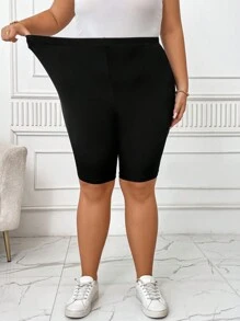 SHEIN CURVE+ Plus Size Outdoor Sports High Waist Cooling Stretchy 5-Point Shorts, Black