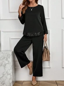 EMERY ROSE 2 件套女士纯色蕾丝拼布圆领长袖上衣和裤子优雅套装 - 黑色 - 查看 4