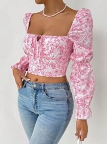 Chiquease Áo sơ mi crop top tay phồng in hoa thông thường dành cho nữ, Xuân Hè - Hồng - Xem 5