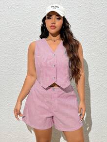CovetEZ Áo vest blazer sọc và quần short Plus Size dành cho nữ - Hồng - Xem 6