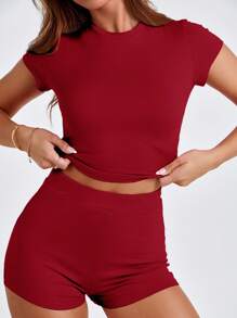 Conjunto de pantalón corto y blusa de manga corta de unicolor de corte slim para mujer - Burdeos - Ver 4