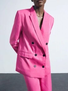 Maija 女士条纹印花双排扣长袖西装外套和长裤优雅套装 - 淡紫色 - 查看 8