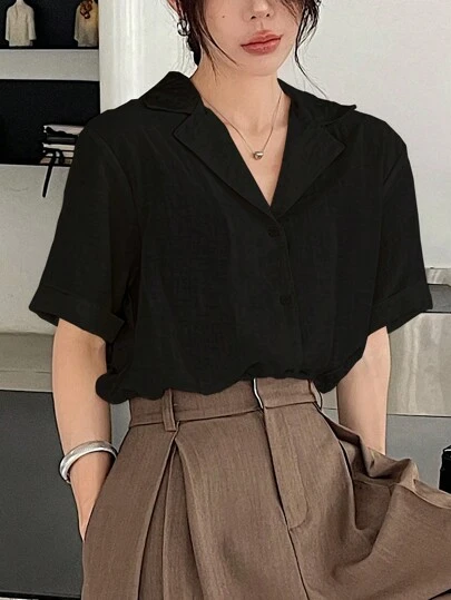 FRIFUL Women's Solid Color Casual Short Sleeve Blouse With Lapel Neck, Teacher Clothes Summer Linen