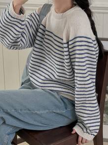 DAZY Women Round Neck Striped Oversized Sweater Fall - Blue - View 9
