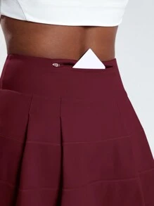 SHEIN Cheerettes Váy thể thao xếp lớp màu trơn mùa hè có túi nhún - Màu Đỏ Sâu - Xem 6
