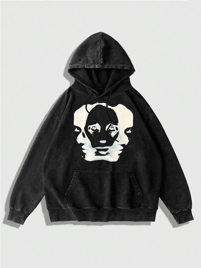 Grunge Punk Men's Simple Printed Hooded Long Sleeve Sweatshirt