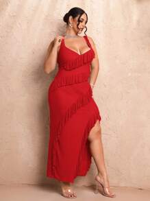 SHEIN BAE Plus Size Women Ruffle Trim Slit Dress - Red - View 5