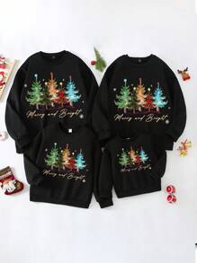 SHEIN Áo nỉ lót nhiệt in chữ cây thông Noel nhiều màu sắc thường ngày cho nam, thích hợp cho các bữa tiệc Giáng sinh gia đình vào mùa thu/đông - màu đen - Xem 3