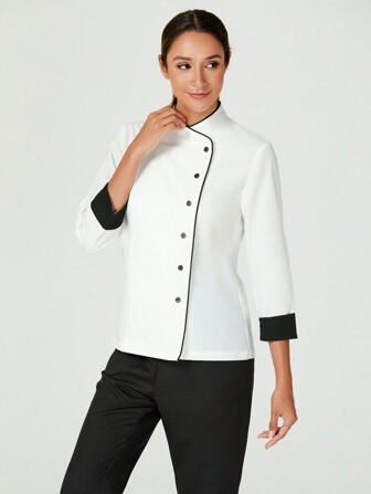 TaskEZ Women's Contrast Color Button-Up Collar Long Sleeve Work Uniform Chef Jacket In 3- 4th Sleeve For Women