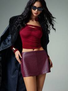 Poéselle 酒红色PU材质时尚短裙，Siren's Office出品，适合日常外出和通勤穿着，2024秋冬款 - 酒紅色 - 查看 4