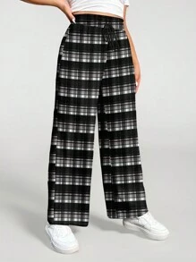 SHEIN EZwear Pantalones sueltos y cálidos de talla grande con estampado a cuadros negro y blanco de estilo casual, aptos para otoño/invierno