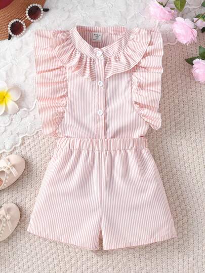 SHEIN 2pcs Young Girl's Striped Print Ruffle Trim Button Front Tee And Elastic Waist Shorts Casual Outfit