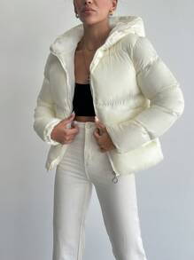 RueChic Zip Up Hooded Puffer Coat - White - View 3