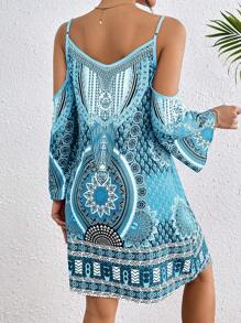 Breezaya Women's Spaghetti Strap Backless All Over Print Shoulder Strap Casual Vacation Dress Vacation Beach Outfit - Blue - View 2