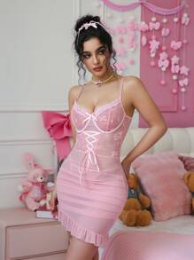 SHEIN 2pcs/Set Romantic Lace Contrast Mesh Caged Mini Dress Set - Pink - View 6