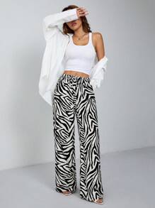SHEIN PETITE Women's Fashionable Animal Print Zebra Print Wide Leg Pants - Black - View 3