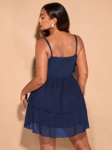 SHEIN BAE Plus Size Women's Solid Color Summer Sweet Girl A-Shaped Cake Lotus Leaf Suspender Stretch Mesh Short Dress