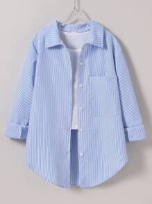 SHEIN Blusa de protección solar a rayas para niña preadolescente, Estilo coreano, Primavera/Verano, Vacaciones, Verano, Viaje