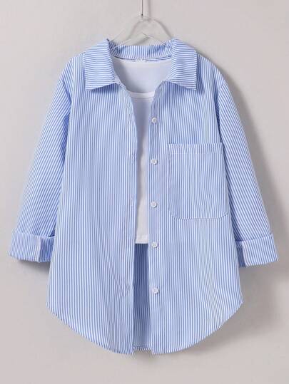 Tween Girl Striped Sun Protection Shirt, Spring/Summer, Korean Style,Holiday,Summer,Travel