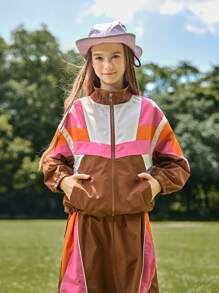 SHEIN 2 piezas/Conjunto Chaqueta con cuello alto y falda maxi de color bloque de contraste casual para niñas, adecuado para viajes al aire libre y estilo de calle urbana