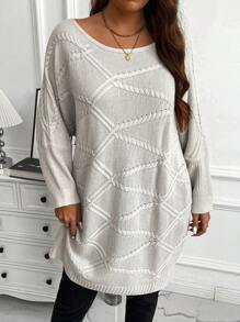 Calvaya 大码纯色休闲纹理蝙蝠袖针织套头衫，秋冬款 - 米色 - 查看 5