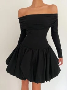 Siren Gaze New Off-Shoulder Puff & Peplum Black Mini Dress For Women, Fall Winter Elegant Evening Dress Party - Black - View 3