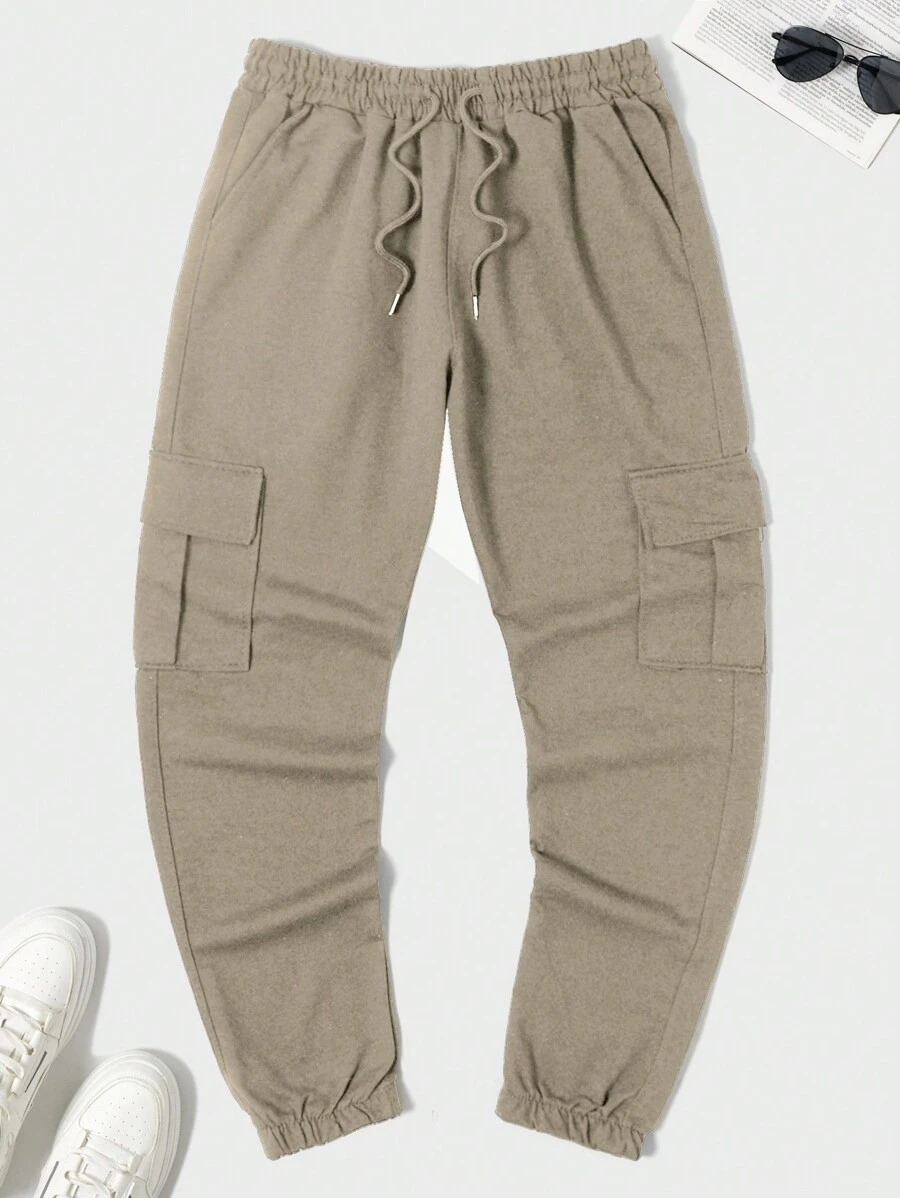 SHEIN Cottnline Men's Flap Cover Side Pocket Drawstring Waist Sweatpants - Khaki - View 1