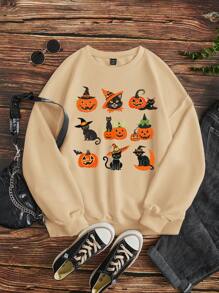 SHEIN EZwear Casual Minimalist Halloween Tic-Tac-Toe Pumpkin & Black Cat Print Apricot Oversized Sweatshirt For Women
