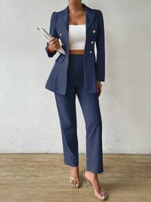 Chiquease 女士纯色立领金属双排扣长袖西装外套和裤子优雅套装，春秋 - 藏蓝色 - 查看 4
