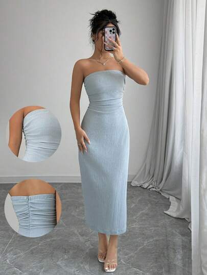 Lyxana Women's Elegant Solid Color Texture Fabric Tube Strapless Bodycon Dress, Fall Maxi Women Outfit