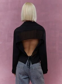 MISSGUIDED Revere Collar Crop Sheer Backless Double Breasted Coat Jacket Winter Wear - Black - View 2