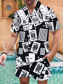 Manfinity Swimmode Large Size Men's Revere Collar Allover Print Short Sleeve Top & Front Tie Hem Beach Shorts Set