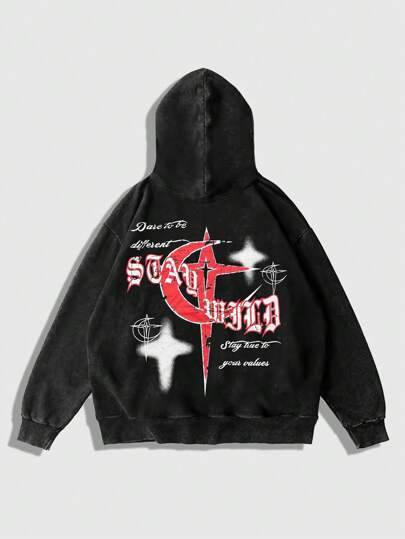 Academia Sudadera con capucha de cremallera con estampado de letras casual para hombres, escolar