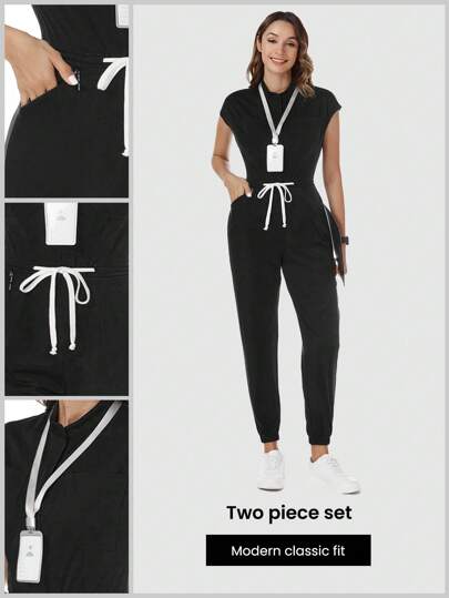 TaskEZ Enfärgad Stativ Krage Dragkedja Fick Cap Sleeve Jumpsuit Sjuksköterska Uniform
