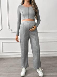 SHEIN 2pcs Pregnant Women Spring/Autumn Plain Long Sleeve Top And Pants Set, For Maternity - Grey - View 1