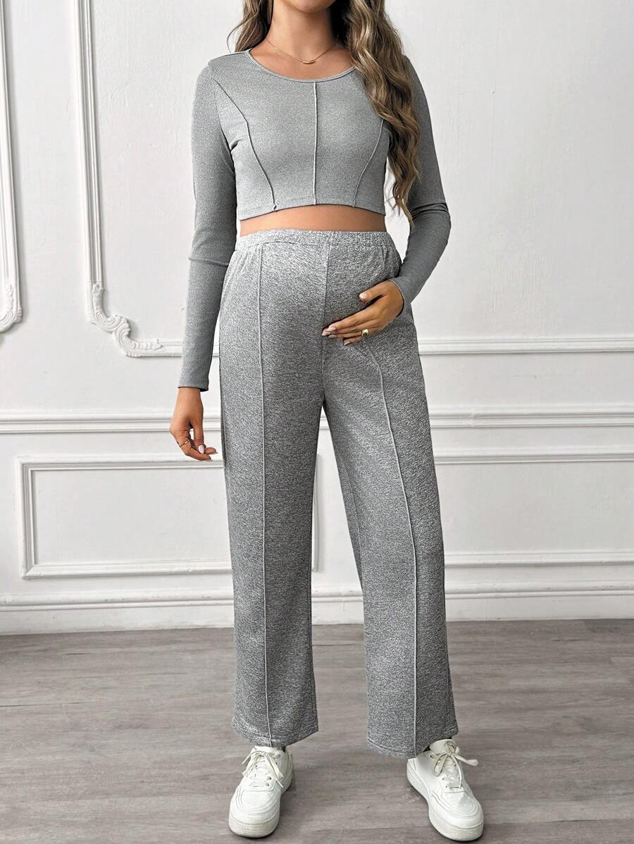 SHEIN 2pcs Pregnant Women Spring/Autumn Plain Long Sleeve Top And Pants Set, For Maternity - Grey - View 1