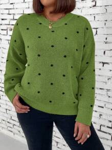 EMERY ROSE 大码圆领长袖波尔卡圆点图案简约毛衣，休闲日常穿着，适合感恩节、冬季