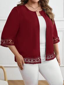 EMERY ROSE Chaqueta blazer casual de cuello redondo con contraste de encaje en talla grande - Burdeos - Ver 5