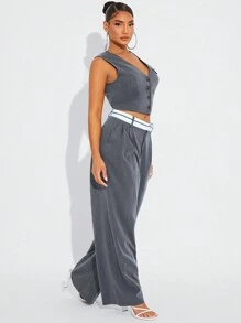 SHEIN SXY Women Contrast Color Waist Pocket Pleated Loose Suit Pants High Waisted Pants