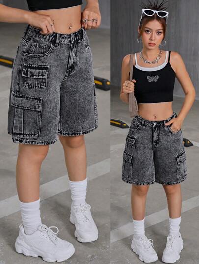 SHEIN Teen Girls Y2K Fashionable Low Waist Flap Pocket Baggy Denim Cargo Jeans Shorts,Teen Girl Back To School Clothes Outfits
