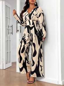 SHEIN Frenchy Plus Size Casual Random Print Batwing Jumpsuit,Office Wear, Spring Autumn - Black and White - View 1