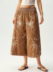 Bohemela Pantalon large et ample à jambe évasée avec décoration brodée pour femmes, adapté aux vacances