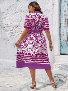 Breezaya Plus Size All-Over Print Front Button Belted Short Sleeve Dress