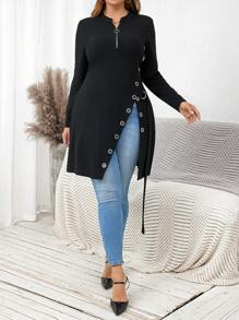 SHEIN Clasi Plus Size Nữ Màu Trơn Tối Giản Hàng Ngày Dây Kéo & Nhẫn Accent Áo Thun Dài Tay - màu đen - Xem 3