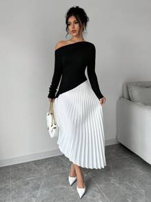 Selianne Elegantes Farbblock Kleid mit Rüschenbesatz am Saum, asymmetrisch, Maxikleid für Frühling/Herbst - Schwarz - Übersicht 6