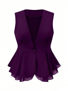 SHEIN Clasi بلايزر أنيق وجذاب بياقة عميقة على شكل حرف V وأزرار بدون أكمام وذيل مكرمل للمقاسات الكبيرة